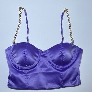 Fashion Nova Violet Satin Top with Gold Chain Straps